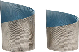 PTMD - Windlicht - Set 2 stuks - Savy - Blauw - Metaal - Rond L9.5xB9.5xH14cm