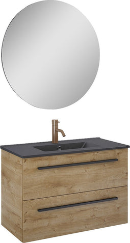 Atlantic Badkamermeubelset Stella met Spiegel en Zwarte Wastafel - Canela Eiken 80 cm
