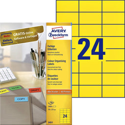 Avery 3451 - Gekleurde Etiketten - 70 x 37 mm - Geel (2400 stuks)
