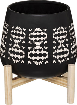 Atmosphera Keramische Pot - Op Hout - Tropisch - Zwart Wit - D25cm