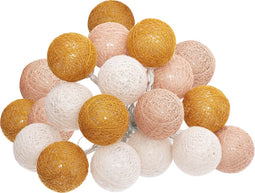 Atmosphera LED Feestverlichting Folk balletjes oker wit en roze - Lichtslingers katoen - Cotton ball - 20 Ballen - Dia 6 cm - Guirlande