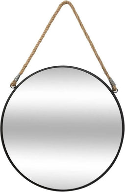 Atmosphera Spiegel/wandspiegel - rond - Dia 55 cm - metaal/glas - zwart - met jute ophangtouw
