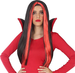 Atosa Heksenpruik lang haar - zwart/rood - dames - Halloween - Duivel - Vampier