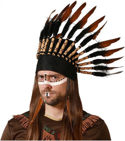 Atosa indianen veren hoofd tooi voor heren - zwart/bruin - met ornamenten - carnaval/verkleed accessoires - volwassenen