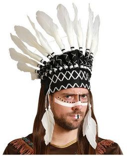 Atosa indianen veren hoofd tooi voor heren - zwart/wit - met ornamenten - carnaval/verkleed accessoires - volwassenen