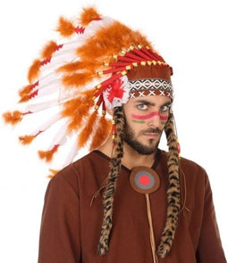 Atosa Luxe indianen veren tooi voor heren - oranje/rood - met ornamenten - carnaval/verkleed accessoires