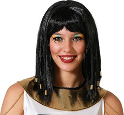 Atosa Verkleedpruik Dames - zwart - Prinses uit Egypte - half lang haar - met kralen - carnaval - Cleopatra