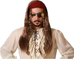Atosa Verkleedpruik voor heren met lang stijl haar - Bruin - Piraat - Carnaval - met haarband