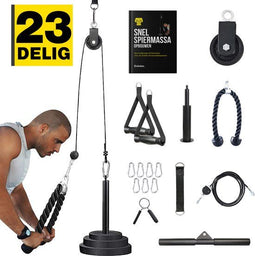 Zoluko Home Fitness Kabelsysteem - 23-delige set - Krachtstation Thuis - Triceps Touw Biceps Stang Handgrepen - 100kg Draagkracht - Zwart/Zilver