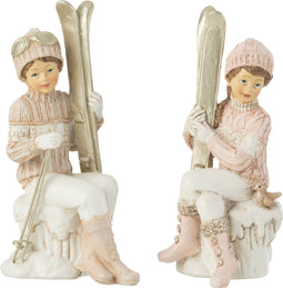 J-Line kerstfiguren Meisje & Jongen Skien - polyresin - wit/roze - 2 stuks
