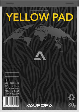 AURORA Yellow Pad Schrijfblok, A5, Gelinieerd, Grijs / Geel (blok 80 vel)