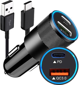 Autolader USB A & USB C + USB C kabel - Auto oplader USB - USB C autolader 2 poorten - Auto lader - Sigarettenaansteker USB oplader auto - Snellader