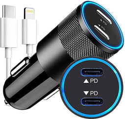 Autolader USB C + Kabel geschikt voor iPhone - Auto oplader USB geschikt voor lightning - USB C autolader 2 poorten - Auto lader - Sigarettenaansteker USB oplader auto - Snellader