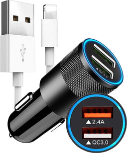 Autolader USB + Kabel geschikt voor iPhone - Auto oplader USB geschikt voor lightning - USB autolader 2 poorten - Auto lader - Sigarettenaansteker USB oplader auto - Snellader
