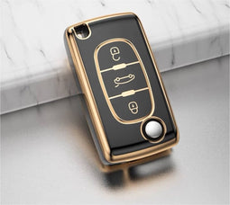 Autosleutel hoesje - TPU Sleutelhoesje - Sleutelcover - Autosleutelhoes - Geschikt voor Peugeot - zw-goud- D3 - Peugeot 108, Peugeot 207, Peugeot 208, Peugeot 307, Peugeot 308, Peugeot 407, Peugeot 508, Peugeot 1007, Peugeot 2008, Peugeot 3008, Peuge