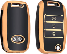Autosleutel hoesje - TPU Sleutelhoesje - Sleutelcover - Autosleutelhoes - Geschikt voor Kia -zw-goud- B3 - Kia Picanto, Kia Rio, Kia Stonic, Kia Ceed, Kia E-Soul, Kia Xceed, Kia Proceed, Kia Niro, Kia Sportage, Kia Sorento - Auto Sleutel Accessoires