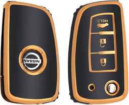 Autosleutel hoesje - TPU Sleutelhoesje - Sleutelcover - Autosleutelhoes - Geschikt voor Nissan -zw-goud- B3B - Nissan Micra, Nissan Pulsar, Nissan Murano, Nissan Juke, Nissan Qashqai, Nissan Ariya, Nissan Leaf, Nissan Xtrail, Nissan Primastar, Nissan