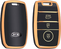 Autosleutel hoesje - TPU Sleutelhoesje - Sleutelcover - Autosleutelhoes - Geschikt voor Kia -zw-goud- A3 - Kia Picanto, Kia Rio, Kia Stonic, Kia Ceed, Kia E-Soul, Kia Xceed, Kia Proceed, Kia Niro, Kia Sportage, Kia Sorento - Auto Sleutel Accessoires