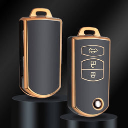 Autosleutel hoesje - TPU Sleutelhoesje - Sleutelcover - Autosleutelhoes - Geschikt voor Mazda -zwart-goud-C3 - Mazda 6, Mazda 3, Mazda 2, Mazda MX-5, Mazda CX-30, Mazda MX-30, Mazda CX-5, Mazda CX-60 - Auto Sleutel Accessoires gadgets - Kado Cadeau
