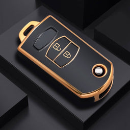 Autosleutel hoesje - TPU Sleutelhoesje - Sleutelcover - Autosleutelhoes - Geschikt voor Mazda -zw-goud- C2 - Mazda 6, Mazda 3, Mazda 2, Mazda MX-5, Mazda CX-30, Mazda MX-30, Mazda CX-5, Mazda CX-60 - Auto Sleutel Accessoires gadgets - Kado Cadeau ma