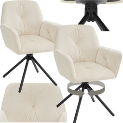 tectake® Draaifauteuil Lenia - Draaibare Eetkamerstoel - Fluweellook Crème/Zwart (2 stuks)