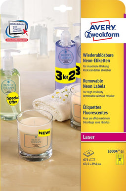Avery afneembare neon etiketten ft 63,5 x 29,6 mm (b x h), doos van 675 stuks (25 vel van 27), neong