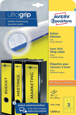 Avery Border Binder Labels, Yellow 61 x 297mm (20)