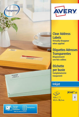 Avery printeretiketten Adresetiketten, Inkjet, Transparant, 525pcs.
