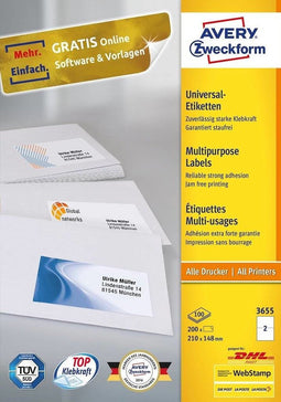 Avery printeretiketten AVERY ZWECKFORM universele etiketten 210 x 148 mm, 3655 (verpakking 200 stuks)