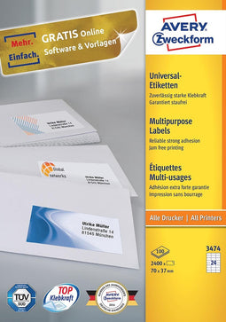 Avery printeretiketten AVERY ZWECKFORM universele etiketten 70 x 37 mm, 3474 (verpakking 2400 stuks)