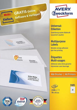 Avery printeretiketten AVERY ZWECKFORM universele etiketten 70 x 41 mm, 3481 (verpakking 2100 stuks)