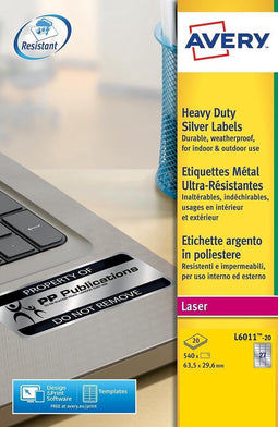 Avery ultra-sterke zilverkleurige etiketten formaat 635 x 296 mm (b x h) 540 stuks 27 per blad