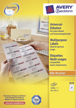 Avery-Zweckform 3670 64 x 36 mm Papier Wit 2100 stuk(s) Permanent Universele etiketten Laser 100 vel DIN A4