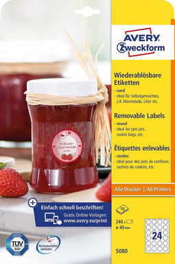 Avery-Zweckform 5080 Universele etiketten Ø 40 mm Papier Wit 1 set(s) Weer verwijderbaar Inkjet, Laser (zwart/wit), Las