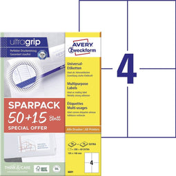 Avery-Zweckform 6601 105 x 148 mm Papier Wit 260 stuk(s) Permanent Universele etiketten Laser 65 vel DIN A4