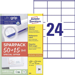 Avery-Zweckform 6602 70 x 36 mm Papier Wit 1560 stuk(s) Permanent Universele etiketten Laser 65 vel DIN A4