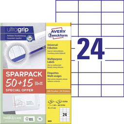 Avery-Zweckform 6605 70 x 37 mm Papier Wit 1560 stuk(s) Permanent Universele etiketten Laser 65 vel DIN A4