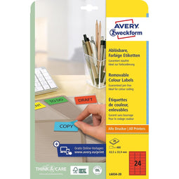 Avery Zweckform - afneembare gekleurde etiketten ft 63,5 x 33,9 mm (b x h), 480 stuks, 24 per blad, rood