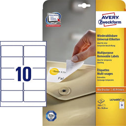 Avery Zweckform - Etiket avery zweckform l4744rev-25 96x50.8mm afneembaar wit 250 stuks