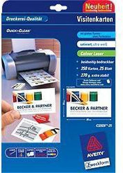 Avery-Zweckform C32026-25 Bedrukbare Visitekaarten Gladde Kant 85 X 54 Mm Ultra-Wit 250 Stuks Papierformaat: Din A4