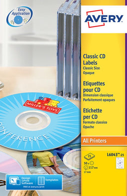 Avery-Zweckform CD-etiketten L6043-25 Ø 117 mm Papier Wit 50 stuk(s) Permanent Ondoorzichtig Inkt, Laser