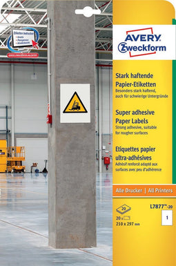 Avery-Zweckform L7877-20 ( 210 x 297 mm, Wit, 20 stuk(s), Permanent, Sterk hechtend