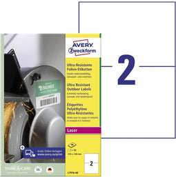 Avery-Zweckform L7916-40 210 x 148 mm Polyethyleen folie Wit 80 stuk(s) Permanent Universele etiketten Laser 40 vel DIN