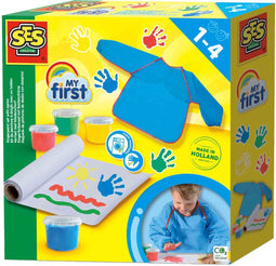 SES Creative - My First - Vingerverf set met Kliederschort - 4 kleuren Vingerverf (4x110ml) met Verfschort en Papier - Goed Uitwasbaar – Glutenvrij – Speelgoed 1 tot 4 jaar