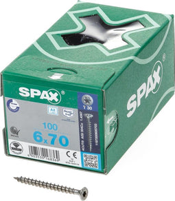 SPAX 1197000600703 Roestvaststalen schroef, Verzonken kop, 6 x 70, Voldraad, T-STAR plus T30 - blank - 100 stuks