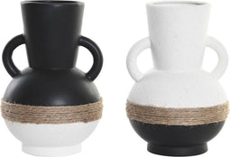 Vaas DKD Home Decor 16,5 x 16,5 x 24 cm Keramisch Zwart Bruin Touw Wit (2 Stuks)