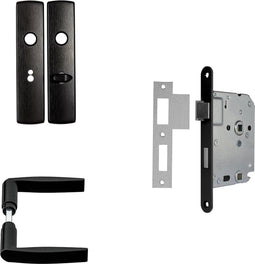 AXA Binnendeurbeslag set (Curve klik) Zwart geslepen: Kruk (model Curve) op schild voor toilet/badkamer TL63-8 en slot met zwarte voorplaat