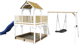 AXI Atka Speeltoestel in Bruin/Wit - Speeltoren met Roxy Nestschommel, Blauwe Glijbaan en Zandbak - FSC hout - Speelhuis op palen voor de tuin