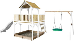 AXI Atka Speeltoestel in Bruin/Wit - Speeltoren met Summer Nestschommel, Witte Glijbaan en Zandbak - FSC hout - Speelhuis op palen voor de tuin