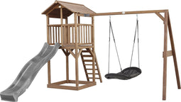 AXI Beach Tower Speeltoestel in Bruin - Speeltoren met Roxy Nestschommel, Grijze Glijbaan en Zandbak - FSC hout - Speelhuis op palen voor de tuin